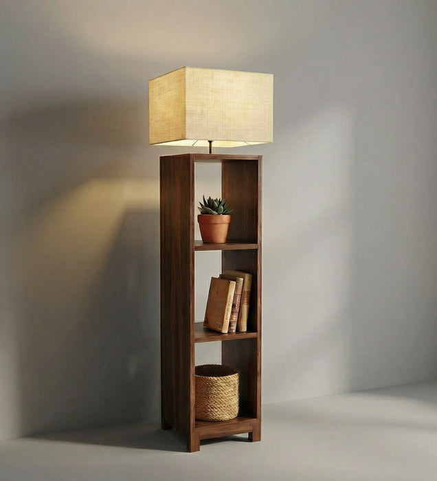 Genevieve Wooden Floor Lamp with Brown Base and Jute Fabric Lampshade