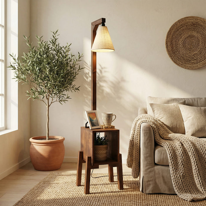Gerard Wooden Shelf Floor Lamp with Jute Lampshade