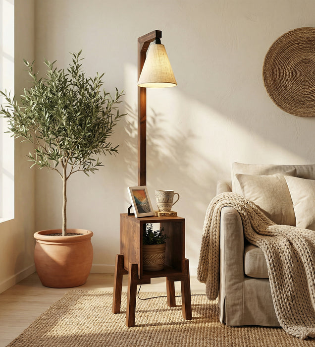 Gerard Wooden Floor Lamp with Brown Base and Jute Fabric Lampshade