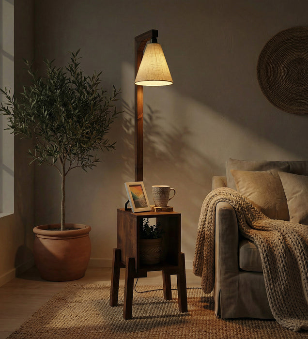 Gerard Wooden Floor Lamp with Brown Base and Jute Fabric Lampshade