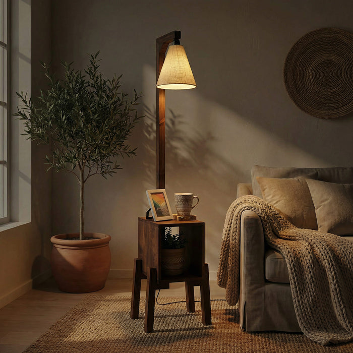 Gerard Wooden Shelf Floor Lamp with Jute Lampshade