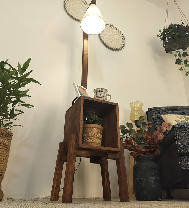 Gerard Wooden Floor Lamp with Brown Base and Jute Fabric Lampshade
