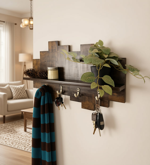 Glencroft Wooden Wall Shelf Organiser with Key Holders