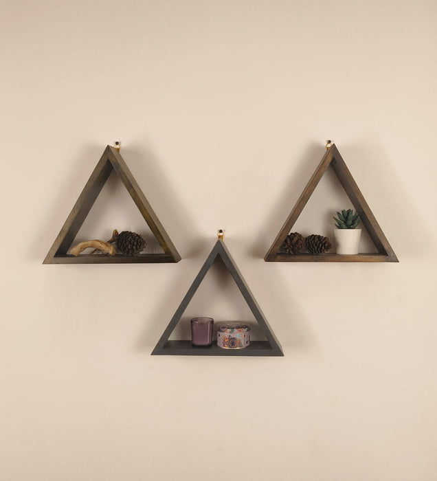 HENRY III Triangular Set of 3 Wooden Wall Shelves