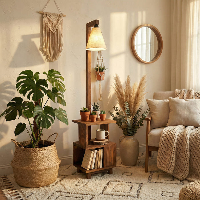 Henry Wooden Floor Lamp with Brown Base and Jute Fabric Lampshade