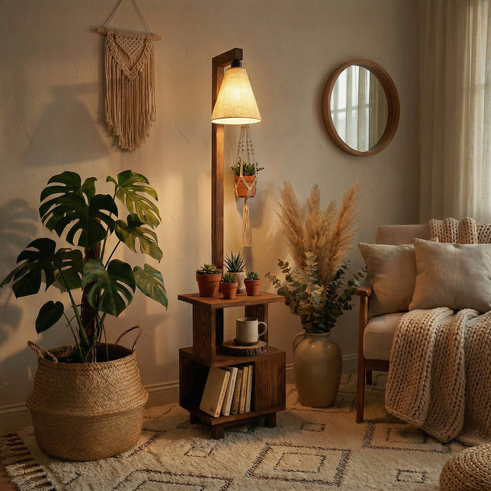 Henry Wooden Floor Lamp with Brown Base and Jute Fabric Lampshade