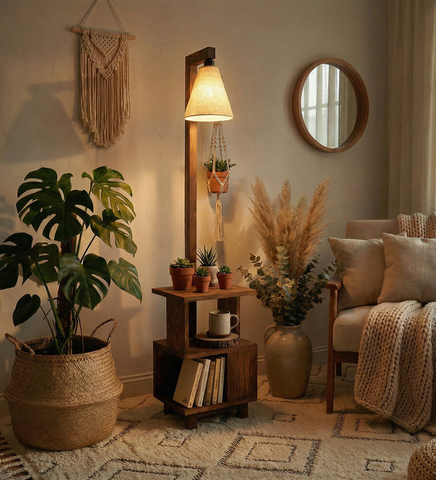 Henry Wooden Floor Lamp with Brown Base and Jute Fabric Lampshade