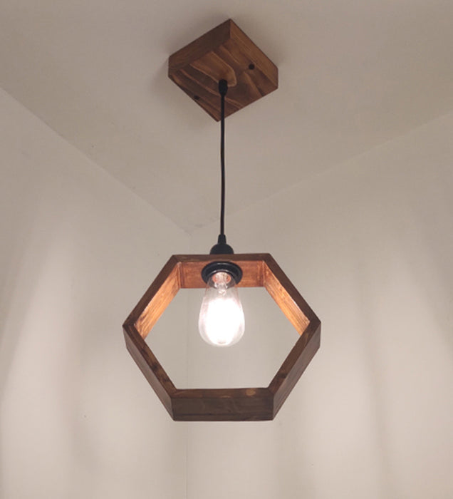 Hex Brown Wooden Single Hanging Lamp