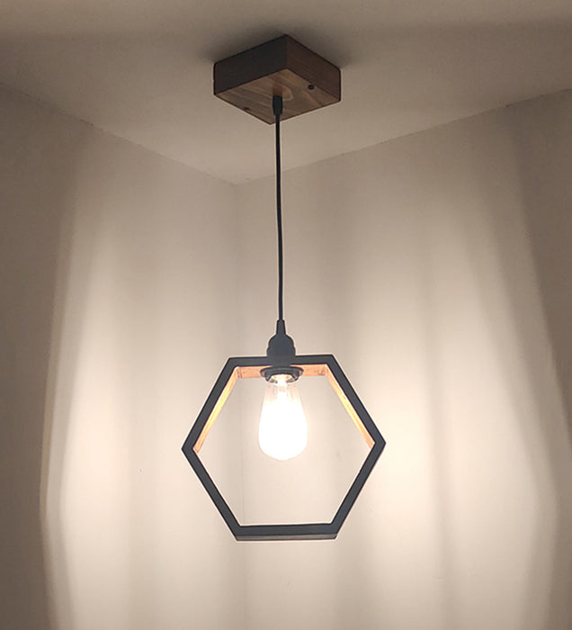 Hex Brown Wooden Single Hanging Lamp