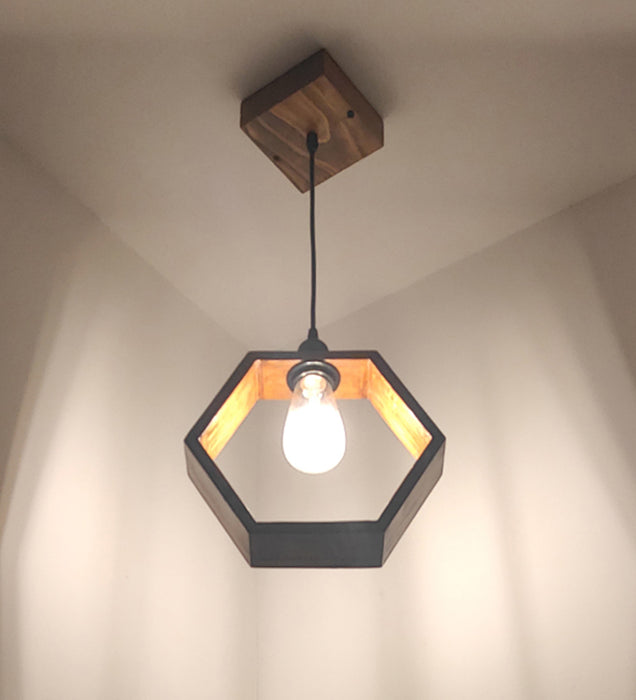 Hex Brown Wooden Single Hanging Lamp