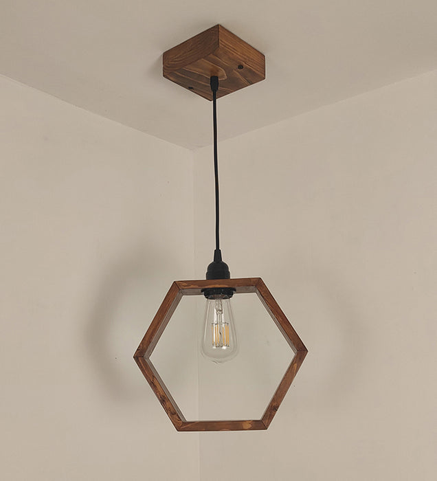 Hex Brown Wooden Single Hanging Lamp