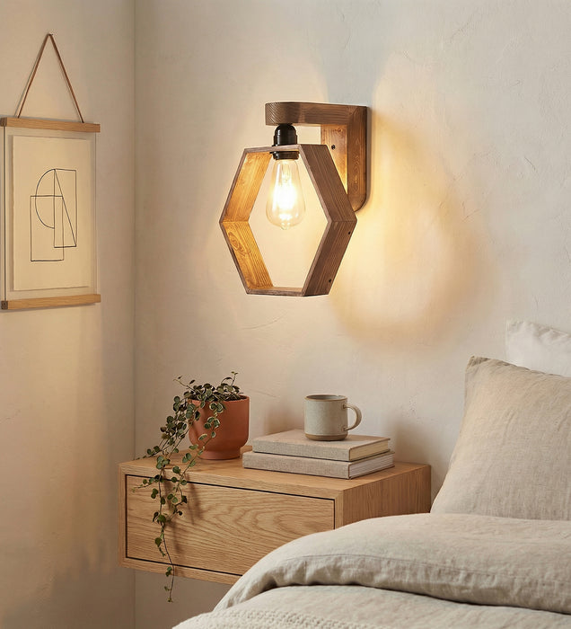 Hex Brown Wooden Wall Light