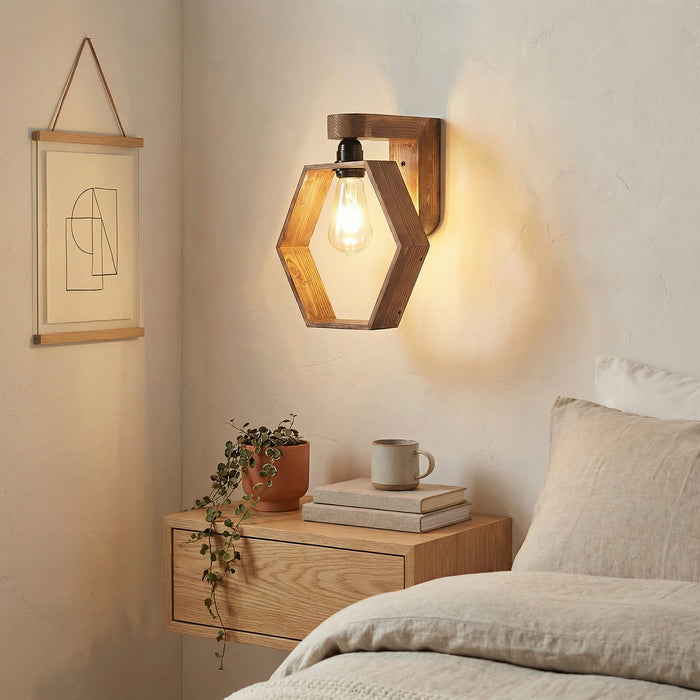 Hex Brown Wooden Wall Light