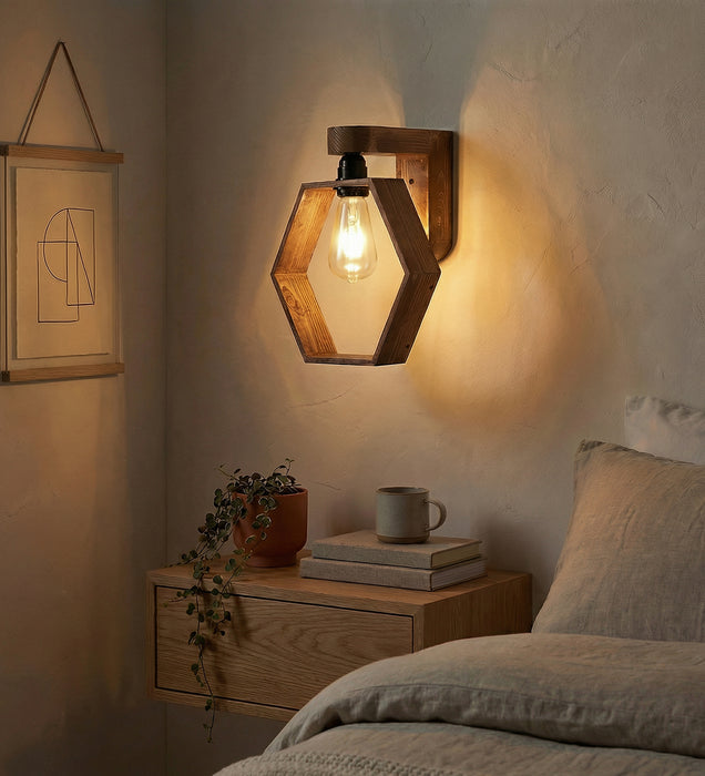 Hex Brown Wooden Wall Light