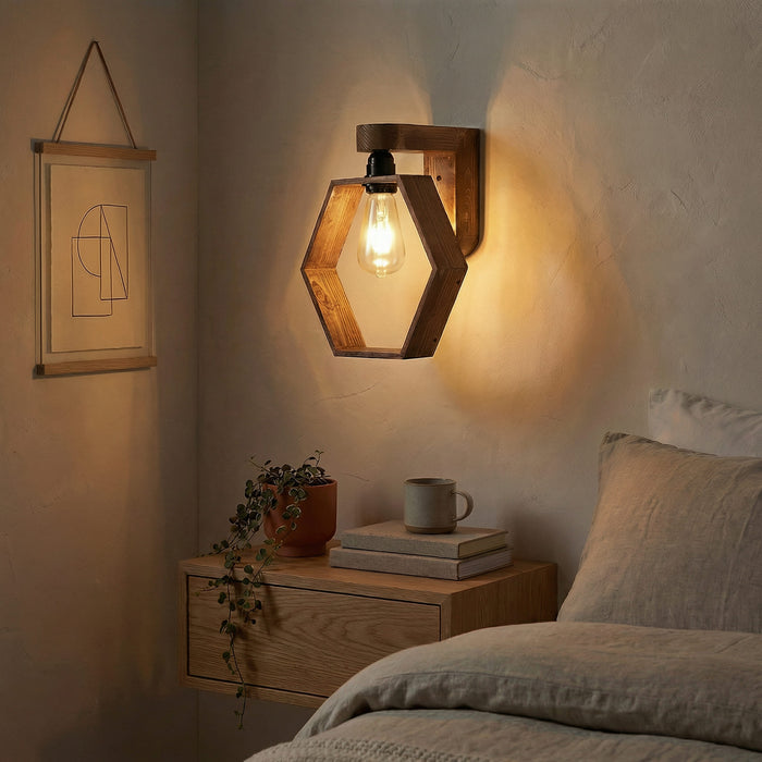 Hex Brown Wooden Wall Light