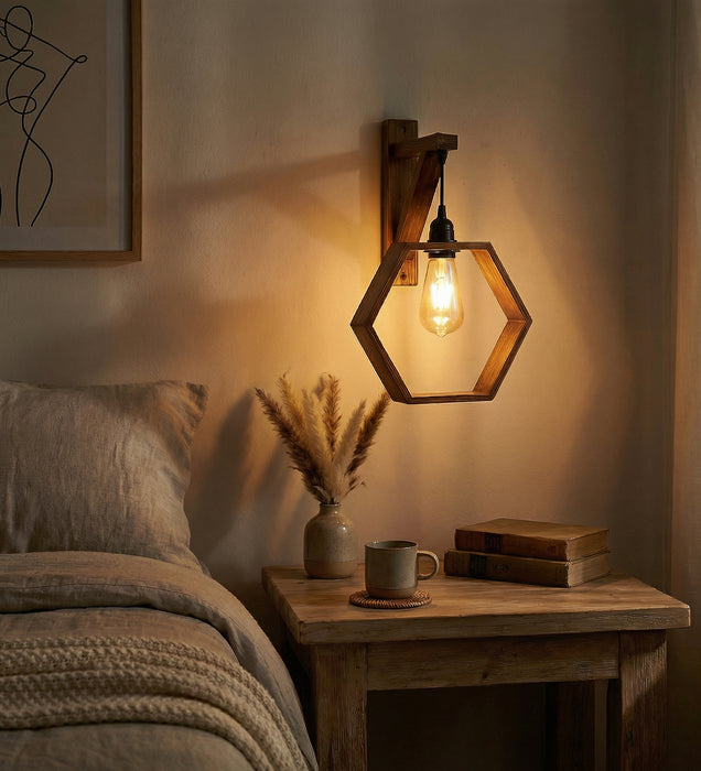 Hex L Brown Wooden Wall Light