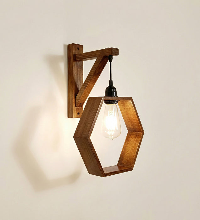 Hex L Brown Wooden Wall Light