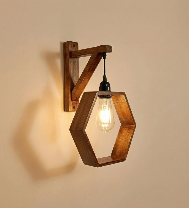Hex L Brown Wooden Wall Light