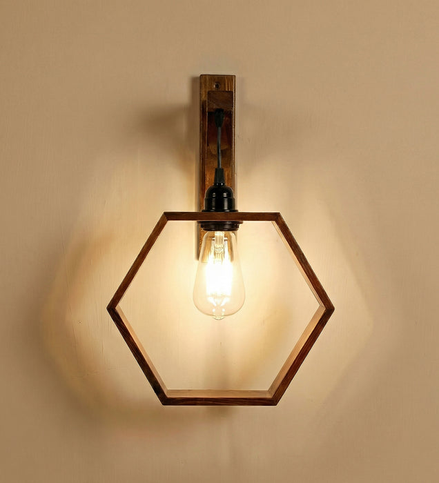 Hex L Brown Wooden Wall Light