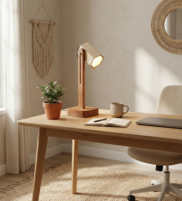 Hexspot Brown Wooden Table Lamp with Beige Wooden Lampshade