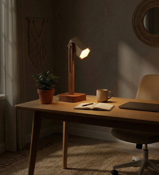 Hexspot Brown Wooden Table Lamp with Beige Wooden Lampshade