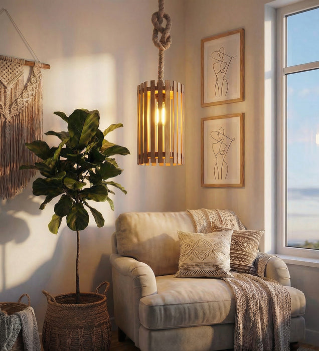 Hexa Brown Wooden Single Hanging Lamp