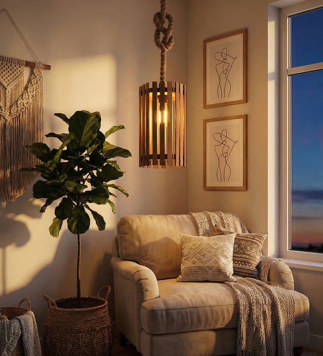 Hexa Brown Wooden Single Hanging Lamp