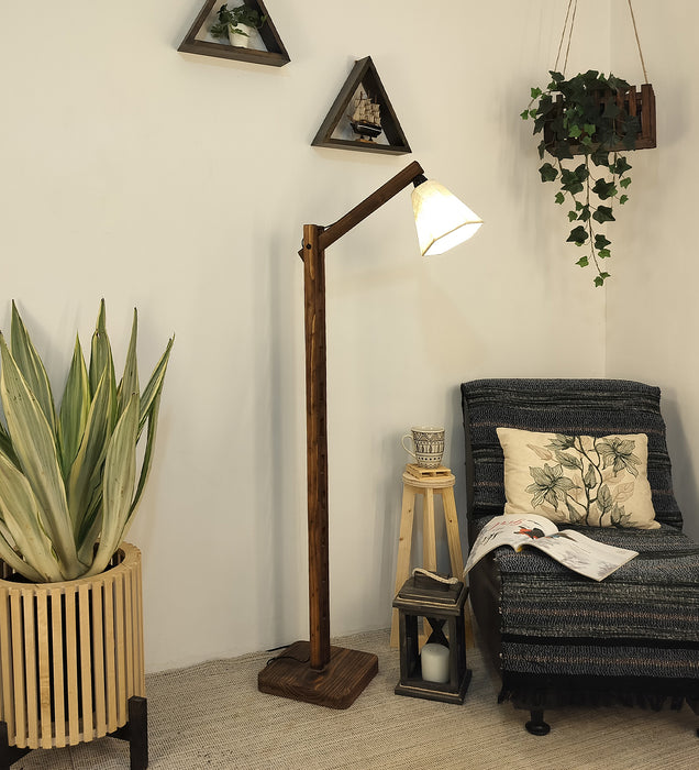 Hinge Wooden Floor Lamp with Brown Base and Beige Fabric Lampshade