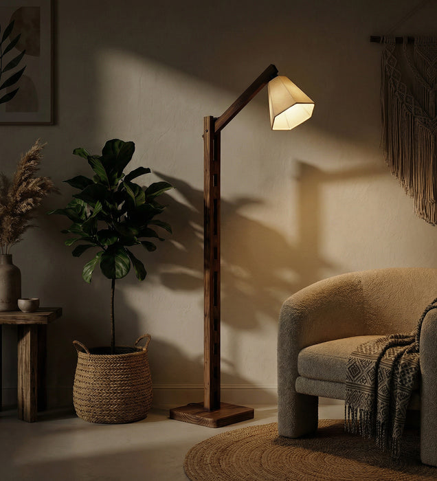 Hinge Wooden Floor Lamp with Brown Base and Beige Fabric Lampshade