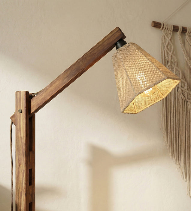 Hinge Wooden Floor Lamp with Brown Base and Beige Fabric Lampshade
