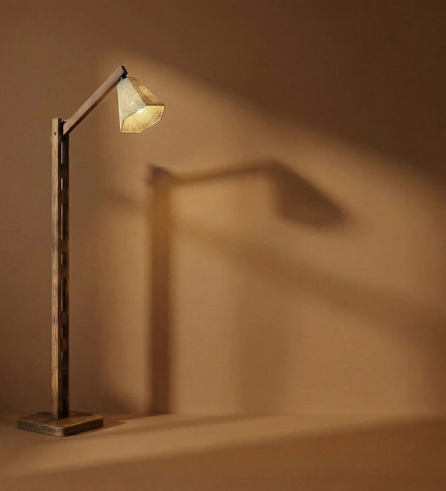 Hinge Wooden Floor Lamp with Brown Base and Beige Fabric Lampshade