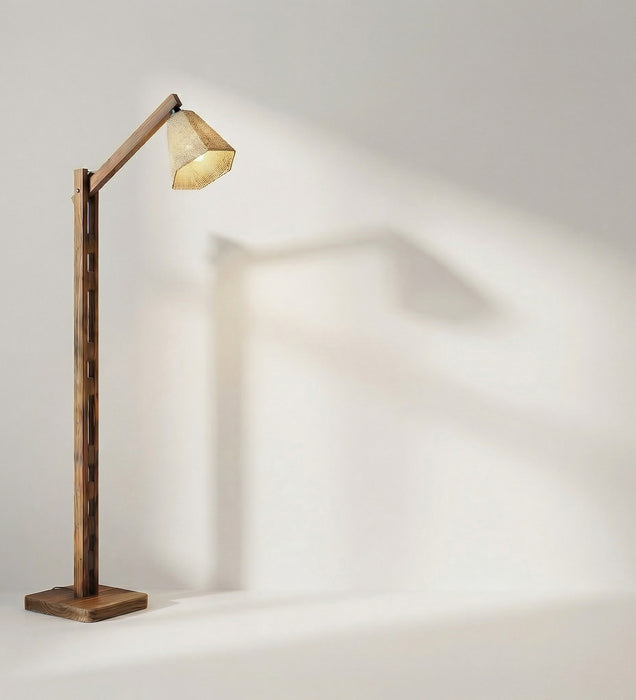 Hinge Wooden Floor Lamp with Brown Base and Beige Fabric Lampshade
