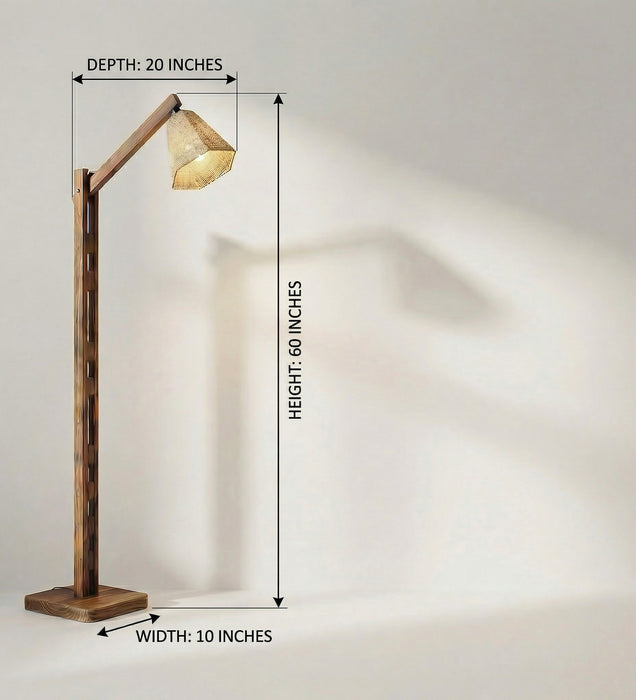 Hinge Wooden Floor Lamp with Brown Base and Beige Fabric Lampshade