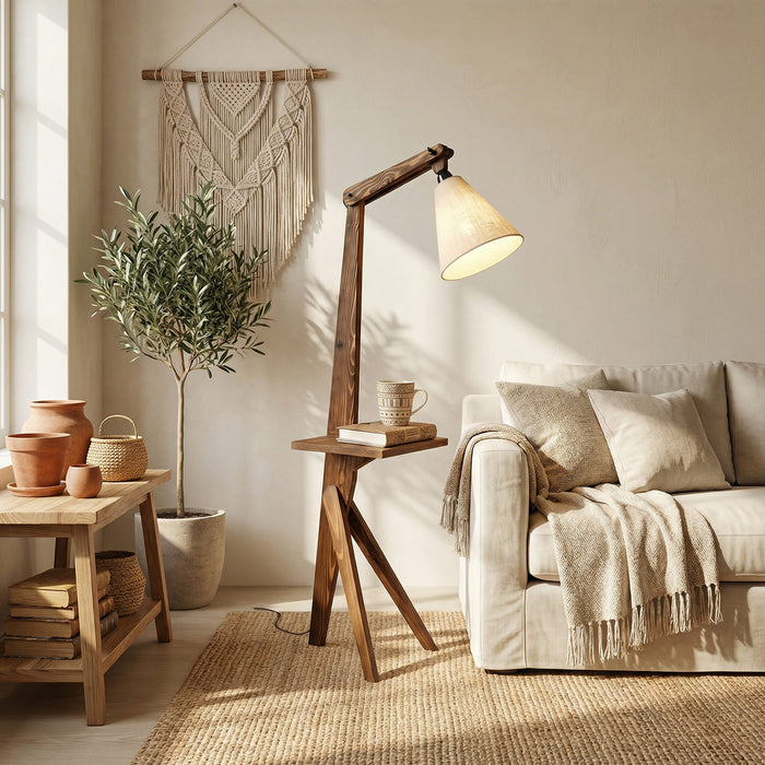 Hubert Wooden Floor Lamp with Brown Base and Jute Fabric Lampshade