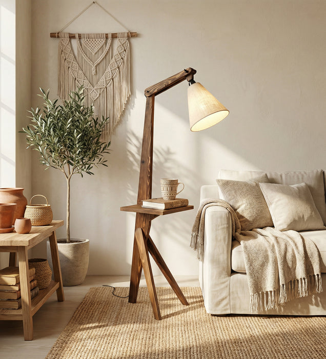 Hubert Wooden Floor Lamp with Brown Base and Jute Fabric Lampshade