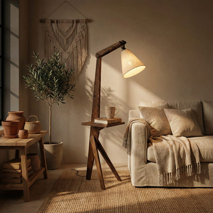 Hubert Wooden Floor Lamp with Brown Base and Jute Fabric Lampshade
