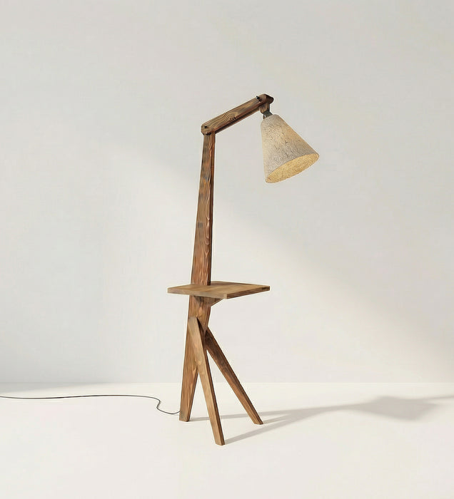 Hubert Wooden Floor Lamp with Brown Base and Jute Fabric Lampshade