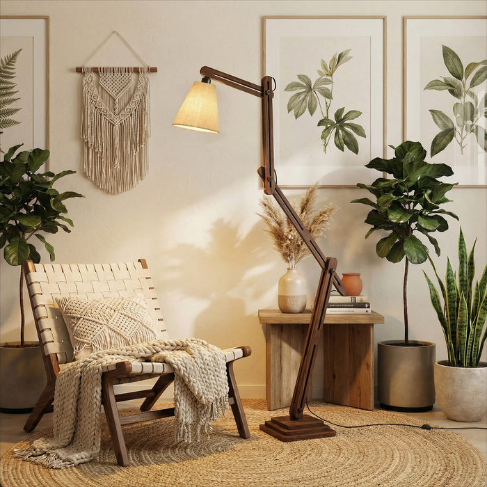 Hydra Wooden Floor Lamp with Brown Base and Jute Fabric Lampshade