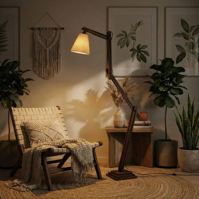 Hydra Wooden Floor Lamp with Brown Base and Jute Fabric Lampshade