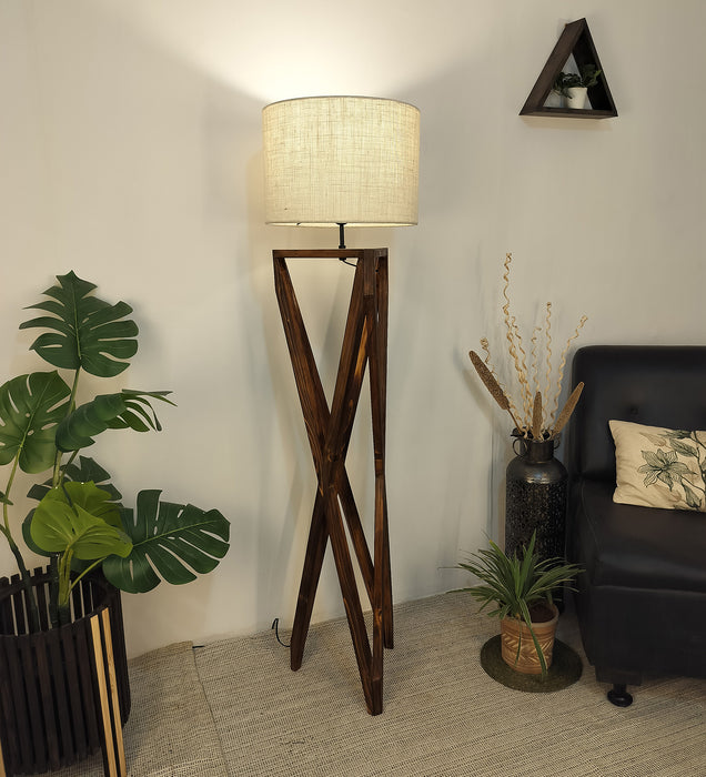 Ignis Wooden Floor Lamp with Brown Base and Jute Fabric Lampshade