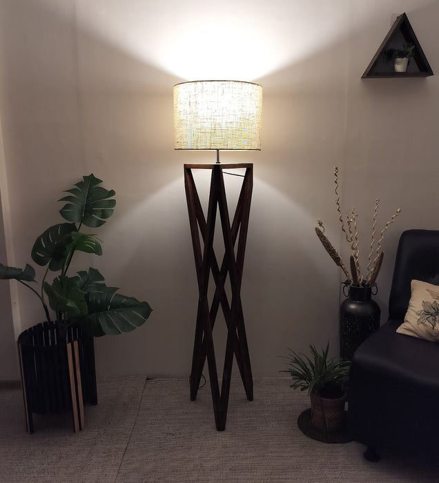 Ignis Wooden Floor Lamp with Brown Base and Jute Fabric Lampshade