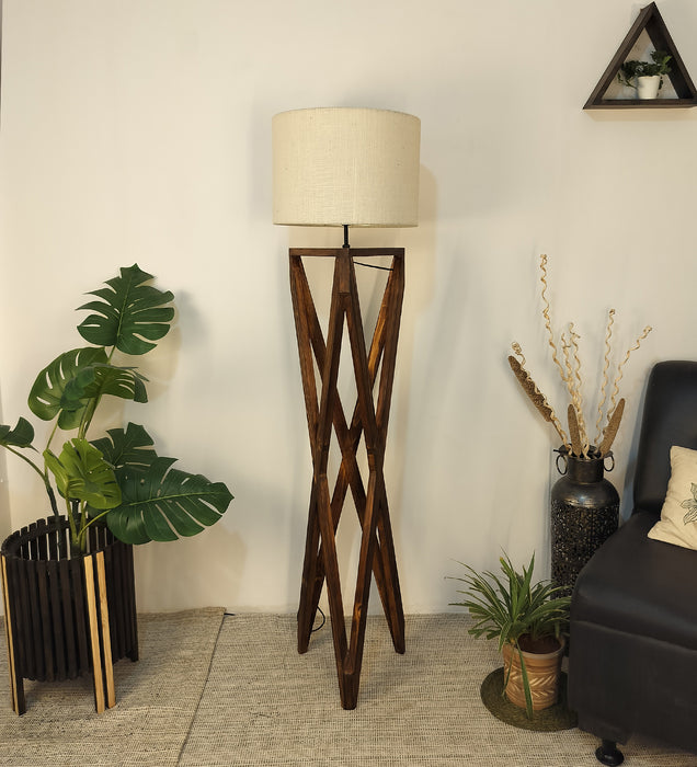 Ignis Wooden Floor Lamp with Brown Base and Jute Fabric Lampshade