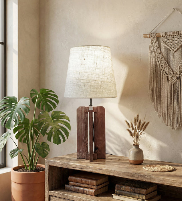Stella Brown Wooden Table Lamp with White Fabric Lampshade