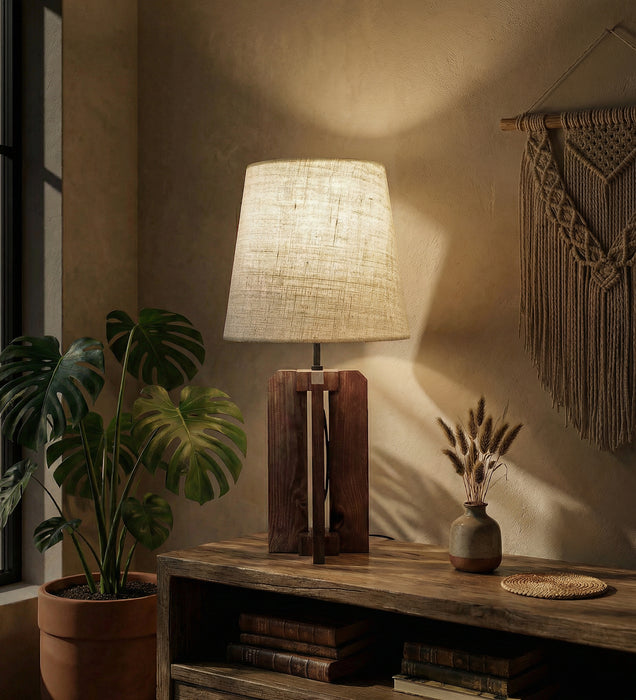 Stella Brown Wooden Table Lamp with White Fabric Lampshade