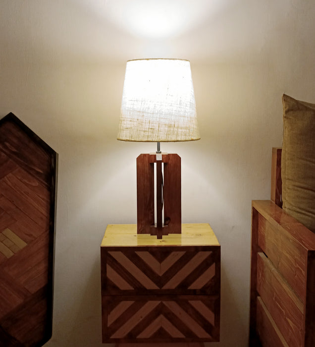 Stella Brown Wooden Table Lamp with White Fabric Lampshade