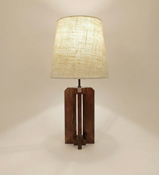 Stella Brown Wooden Table Lamp with White Fabric Lampshade