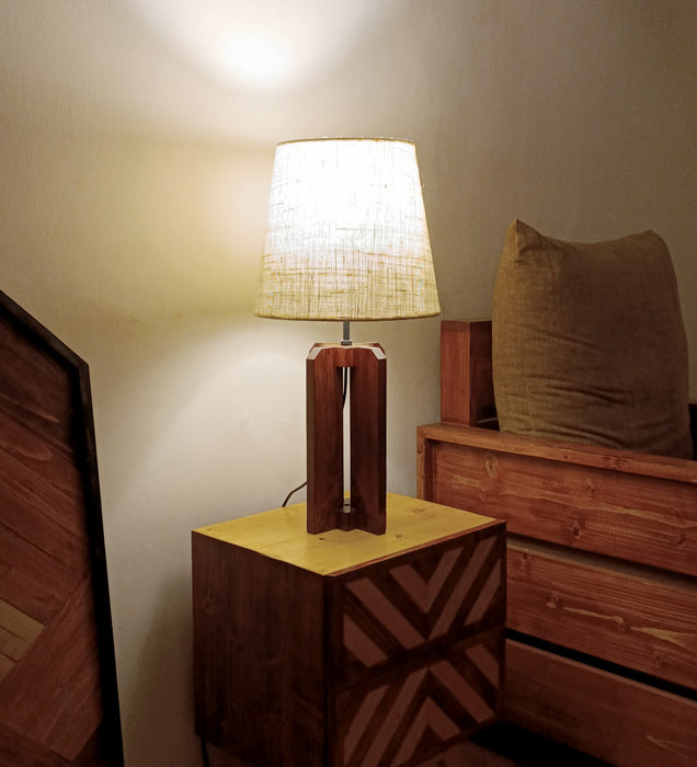 Stella Brown Wooden Table Lamp with White Fabric Lampshade