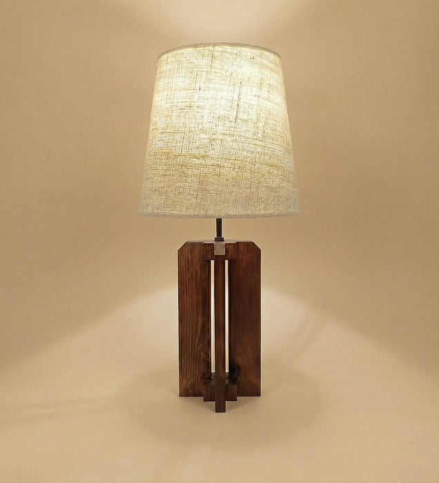 Stella Brown Wooden Table Lamp with White Fabric Lampshade