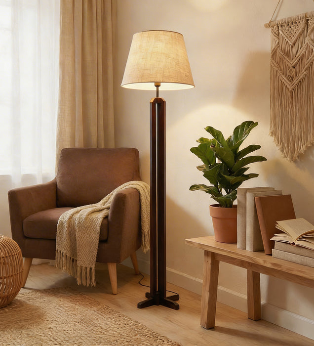 Stella Wooden Floor Lamp With Brown Base and Beige Fabric Lampshade