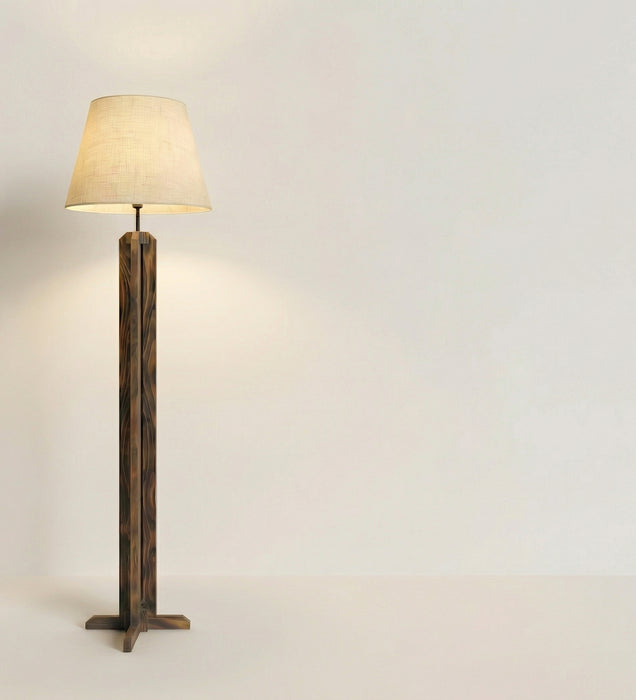 Stella Wooden Floor Lamp With Brown Base and Beige Fabric Lampshade